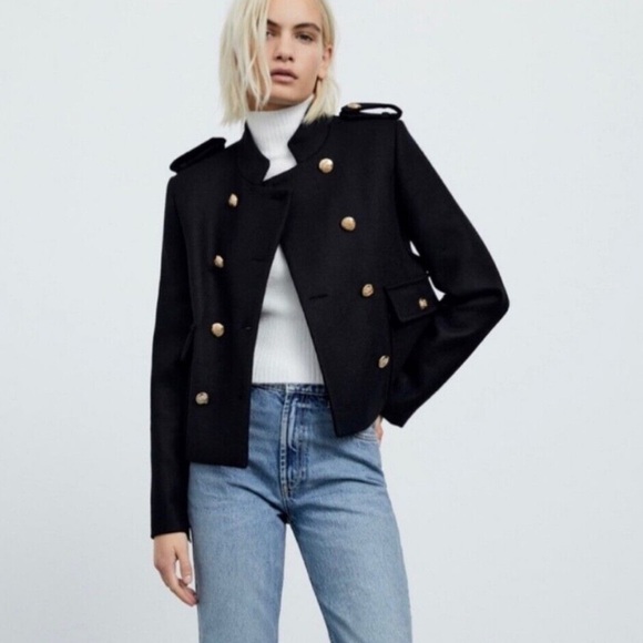 Zara | Black Pea Coat | Wool Blend | Military Style | size M - Picture 1 of 9